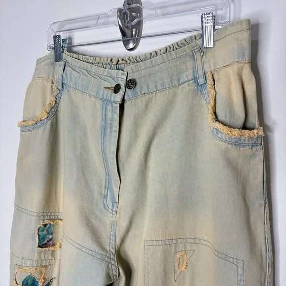 Paper Lace Rose Appliqué Jeans 1X Vintage Look Distressed Cottagecore Boho - Picture 2 of 8